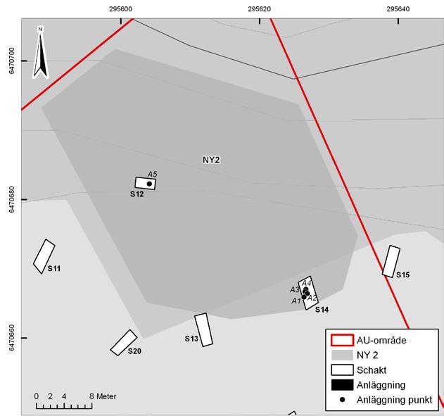 12 Bohusläns museum Rapport 2012:22 Figur 10. Plankarta NY 2 med grävda schakt och påträffade anläggningar. Skala 1:400. Godkänd ur sekretessynpunkt för spridning. Lantmäteriet 2012-05-22.