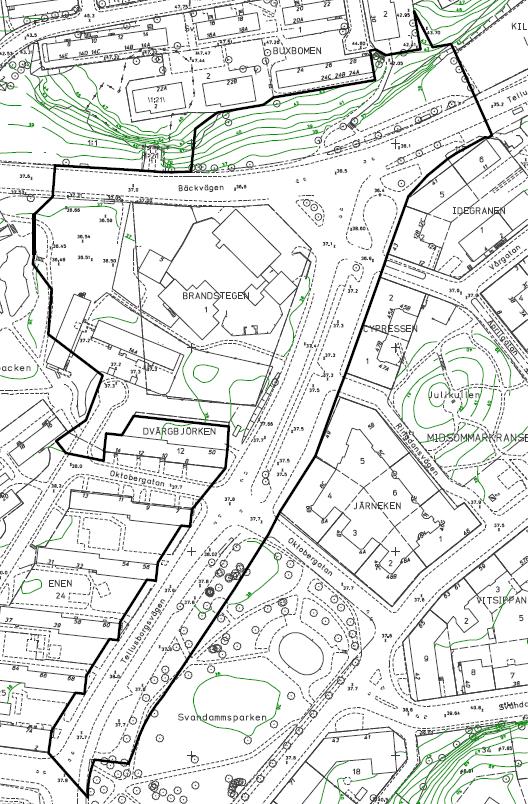 Svart linje visar planområd et. Planområd et är drygt 3 hektar.