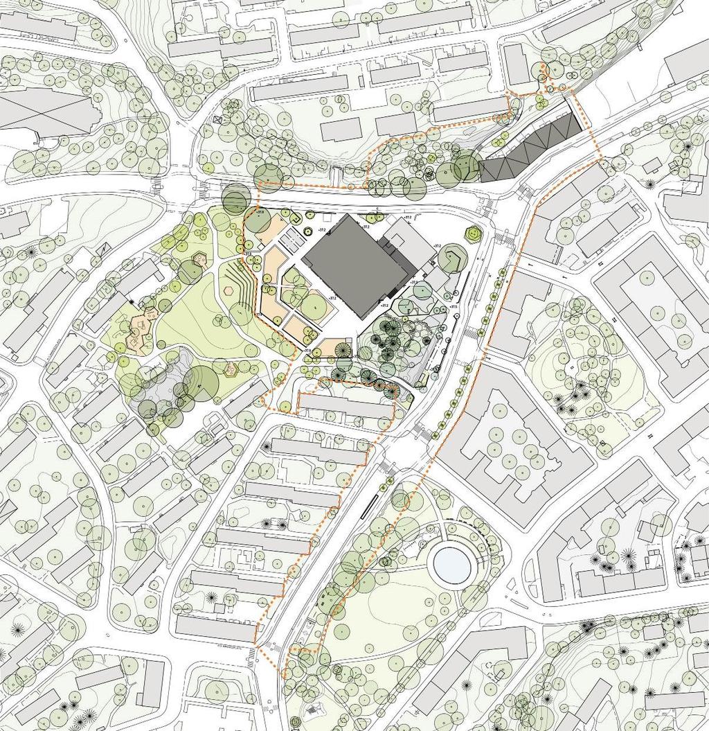 bostäder Bäckvägen Enbacken skola Tellusborgsvägen gasreglerstation återvinningsstation Svandammsparken Illustration över planområdet samt Enbacken efter planens genomförande.