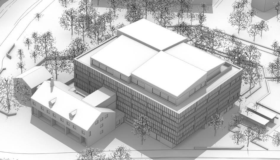 Vy över den nya skolan. Illustratione n visar hur den nya skolbyggnad en skulle kunna utformas samt hur den befintliga bebyggelsen som sparas integreras som en del av skolan.