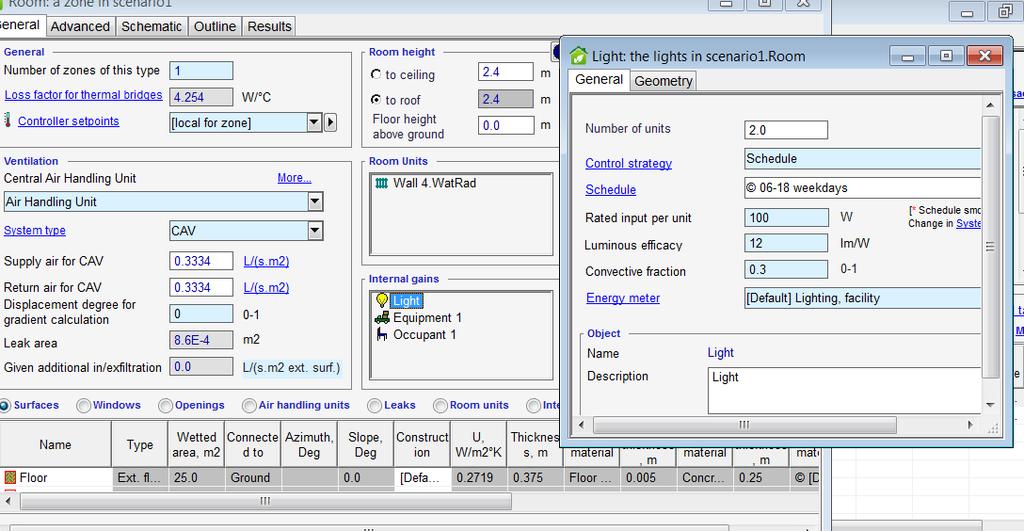 Figure 2. Lights and schedules for zone is set in IDA ICE A schematic model is build.