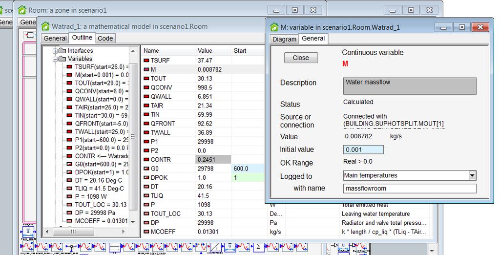 Figure 9. Values for the panel radiator In the schematic build, a section of IDA ICE, it is possible to plot parameters, variables of the type used.