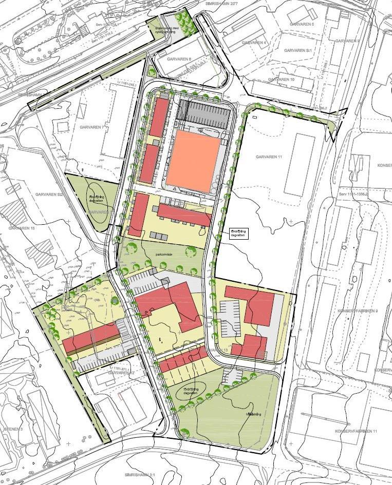 Illustration Gång- och cykelväg Torg med cykelparkering Gång- och cykeltunnel Parkering i två eller tre plan Befintlig byggnad med lager, kontor, museum och daglig verksamhet Parkmark med