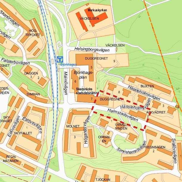 Sida 2 (7) Ungefärligt planområde markerat. Syfte Syftet med detaljplanen är att förtäta Björkhagen Centrum med ca 140 lägenheter i flerbostadshus.