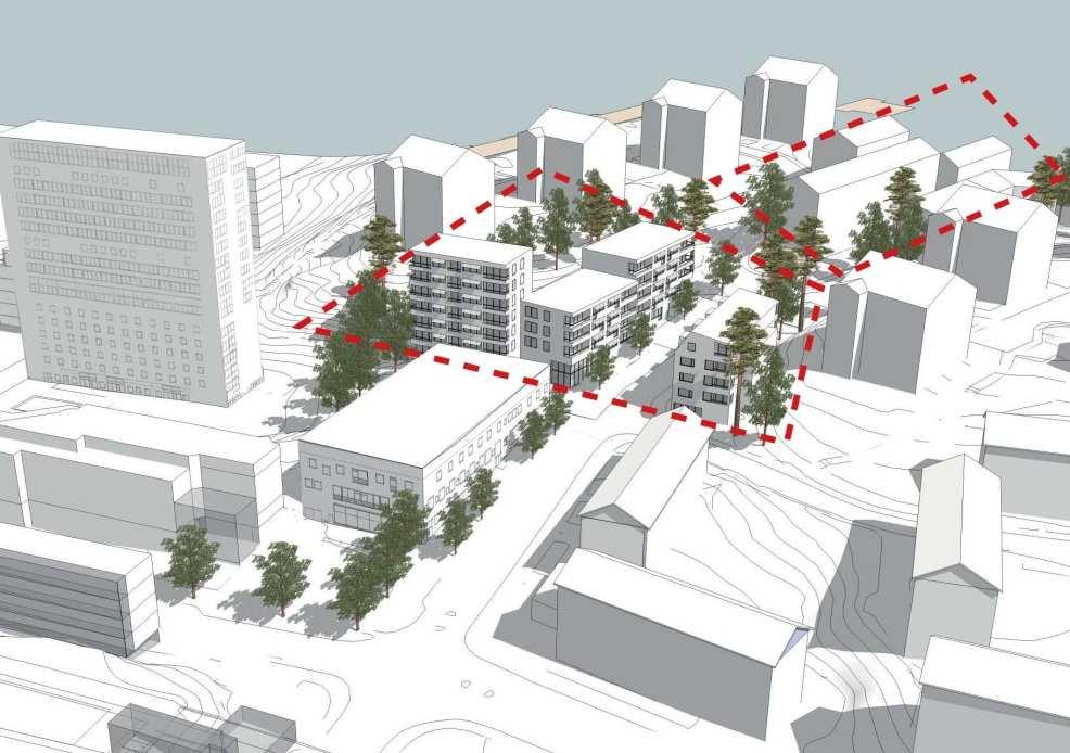 Sida 6 (7) Flygvy över hur Björkhagen Centrum skulle kunna förtätas. Ny bebyggelse markerad.