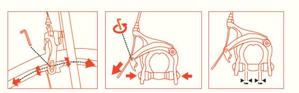 Step 2b - Adjust Caliper Brake Steg 2b - Justera Caliper-broms Align brake pads parallel to rims by pressing them inward. Tighten the brake pads in the correct position.