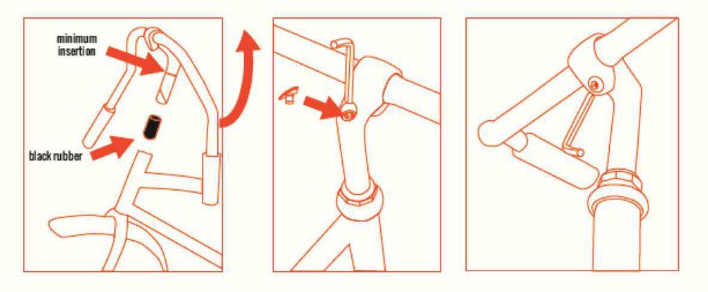 Step 3 Handlebar Steg 3 Styre English Remove the black rubber protection on the lower end of the handle bar. Then insert the same end into the frame and adjust to desired height.