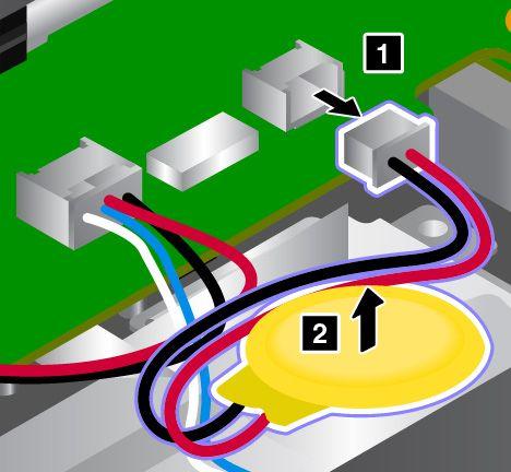 5. Koppla loss kontakten 1 och ta sedan bort knappcellsbatteriet 2. 6. Installera det nya knappcellsbatteriet 1 och anslut sedan kontakten 2. 7. Sätt tillbaka bottenplattan.