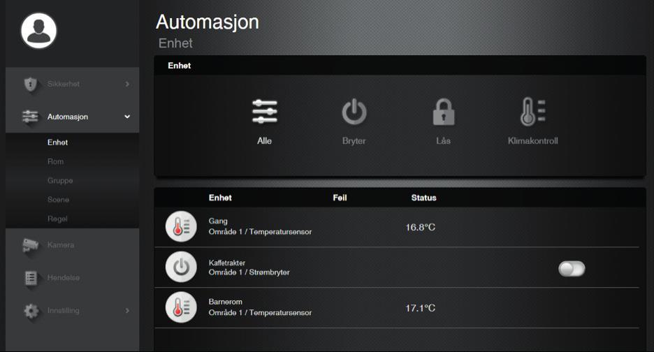 7 8. Automation Enhet Här kan du se status på temperaturgivare samt styra smartplugs, termostater, dörrlås, belysning och andra tillbehör som är inlärda i din NookBox.