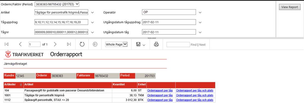 9.4 Orderrapport Rapporten Orderrapport visar posterna som finns på fakturan uppdelat per artikel.