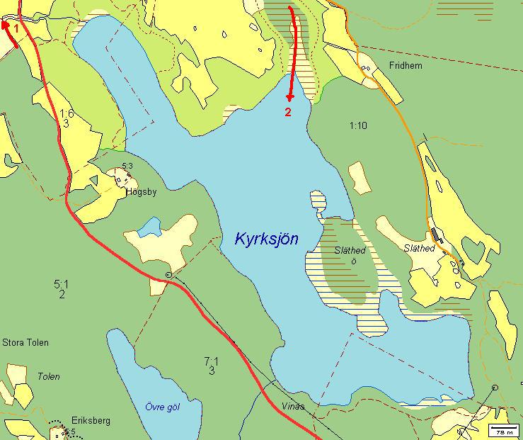 7.3. Tillflöden till Kyrksjön Karta 11. Tillflöden till Kyrksjön Kyrksjön, tillflöde 1 Strax norr om Kyrksjön går ett större dike ut i Gladhammarsbäcken mellan Ekenässjön och Kyrksjön.