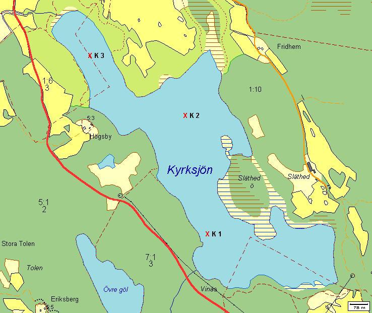 3.3. Kyrksjön Karta 3. Provpunkter för sediment i Kyrksjön. 3.3.1. Sedimentproppar för metallanalys Tabell 1.
