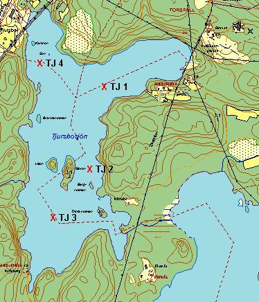 3.1. Tjursbosjön Karta 1. Provpunkter för sediment i Tjursbosjön. 3.1.1. Sedimentproppar för metallanalys Tabell 2.