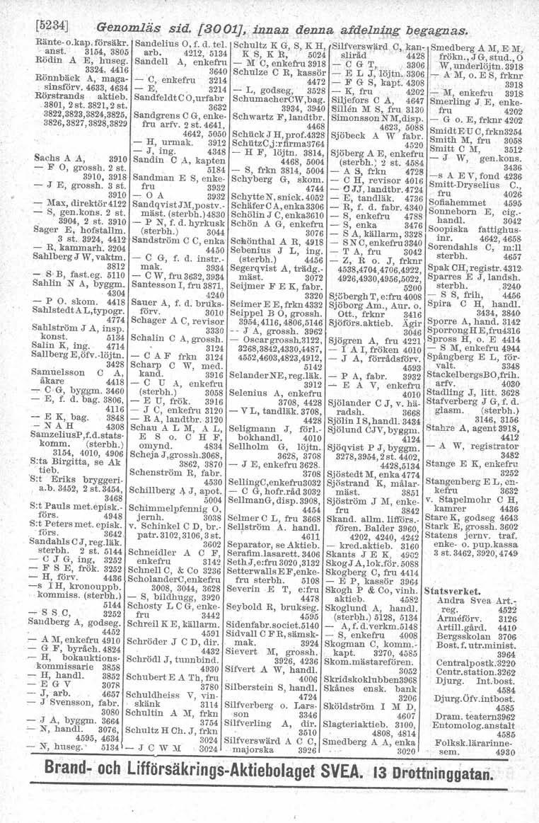 [52S4] Genomläs sid. [3001J, inna!1 denna afdeln:å}g begagnas. Ränte-o.kap,försäkr. 'Sandelius 0, f. d. te!. Schultz K G, S, K H, Silfverswärd C,,)ran- Smedberg A M, E M, anst. 3154,3805 arb.