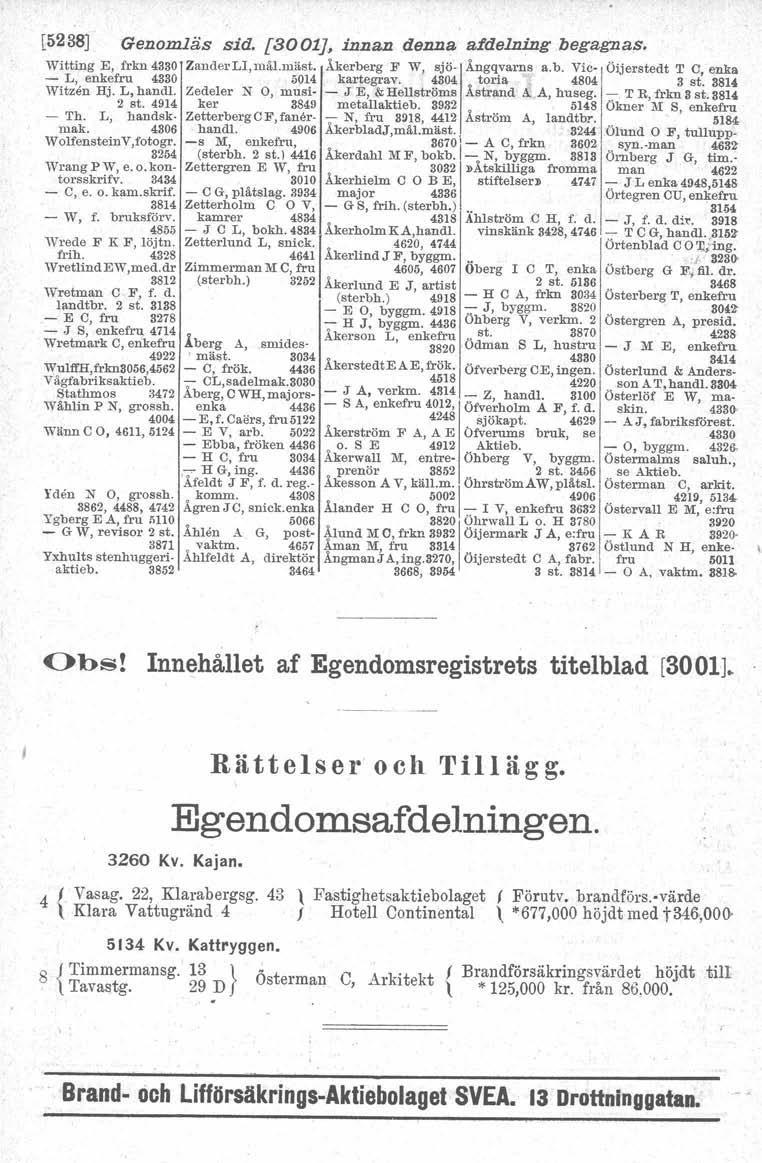[5238J Genomläs sid. [3001], innan denna a/delning begagnas. Witting E, frkn 4330 - L, enkefru 4330 Witzen Hj. L, hand!. 2 st. 4914 - Th. L, handskmak. 4306 Wolfenstein V,fotogr. 32M 'VrangPV{, e.o.koutorsskrifv.