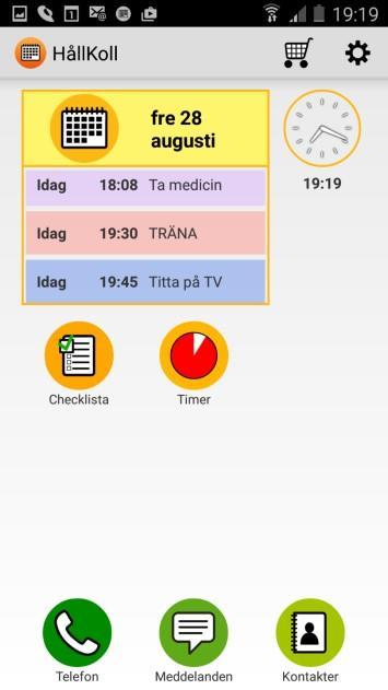 HållKoll startvy På startsidan av HållKoll så finns följande funktionerna kalender, checklista och timer. Under kalenderikonen visas de händelser som kommer att ske under dagen.