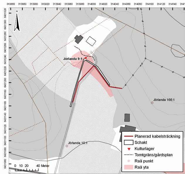 12 Bohusläns museum Rapport 2012:37 Figur 4. Plankarta över undersökningsområde Jörlanda 9:1 och utsträckningen för igenlagda schakt. Skala 1:2 000. Godkänd ur sekretessynpunkt för spridning.