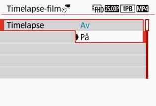 Timelapse-filmer spelas in i MOV-format och i inspelningsstorleken L6W (NTSC) eller L5W (PAL). 1 2 Ställ inställningsratten till en annan metod än <8> eller <v>. Välj [Timelapse-film].