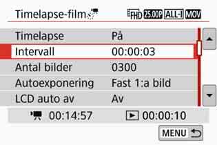 N Spela in timelapse-filmer Tid som krävs Uppspelningstid 4 Ställ in bildtagningsintervall och antal bilder.