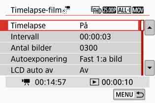 N Spela in timelapse-filmer 6 Ange om LCD-skärmen ska stängas av automatiskt. Välj [LCD auto av] och ställ in. Av Live View-bilden fortsätter visas under inspelning.