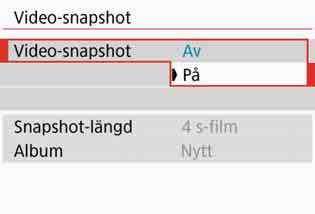 3 Spela in video-snapshots Du kan spela in korta filmklipp på ungefär 2 sek, 4 sek eller 8 sek. och kallas video-snapshots.