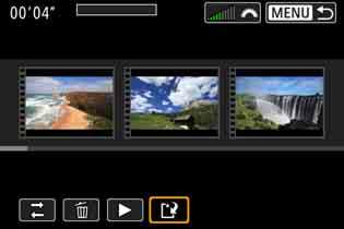 3 Spela in video-snapshots 3 Spara redigerat album. Tryck på knappen <M> om du vill återgå till redigeringspanelen längst ned på skärmen. Välj [W] (Spara) och tryck sedan på <0>.