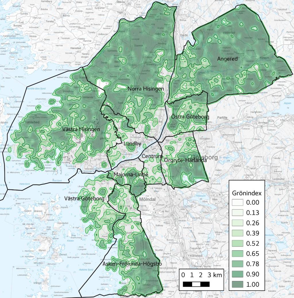 Figur 4. Kartbild över Göteborg med grönindex beräknat från Urban Atlas, samt stadsdelsnämnderna inritade.