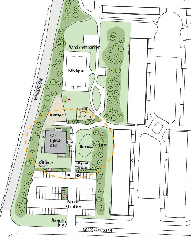 DETALJPLAN FÖR ANDERSBERG 3:1, 4:1, VÄSTRA VINDDRAGET, SAMRÅDSHANDLING 10 Södra planområdet I det södra planområdet förslås ett punkthus placeras söder om befintlig aktivitetsyta, med parkering söder