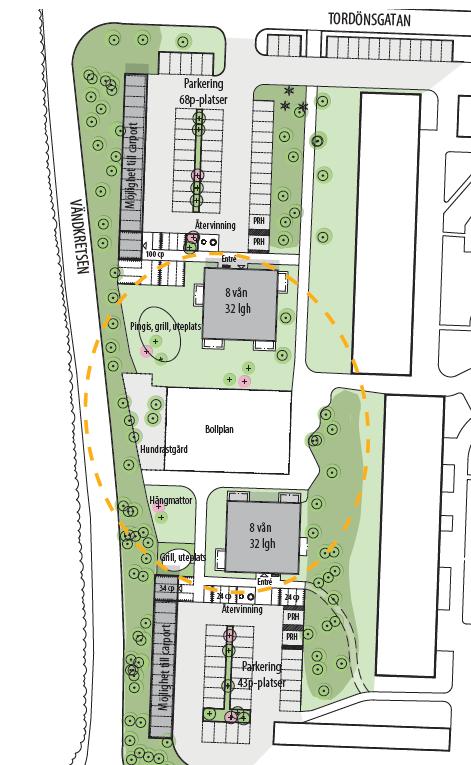 DETALJPLAN FÖR ANDERSBERG 3:1, 4:1, VÄSTRA VINDDRAGET, SAMRÅDSHANDLING 16 Figur 17. Röd markering visar förslag till placering av cykelparkering för norra respektive södra delen av planområdet.