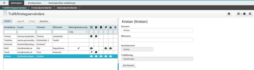 Klicka på Byt lösenord 1 2 Här kan man se andra användare på trafikföretaget och dess kontaktuppgifter; dock kan man aldrig se andra