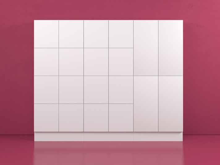 Skåpsdörrar med heltäckande design i vit UV-lackerad laminat kommer som standard.