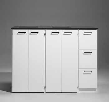 CombiLine miljöstationer färdigkombinerade Design TreCe 1 2 3 4 Färdigkombinerade miljöstationer som täcker hela miljösorteringen för både stora och små kontor. 1. Färdig modul enligt bild (1020x1174x760 mm) med håltagning* 350 x 350 mm i bänkskivan.