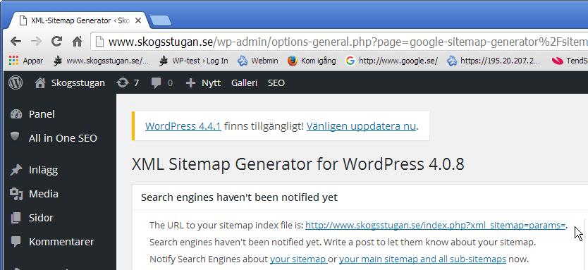 I WordPress XML Sitemap Generator När du har installerat XML Sitemap Generator så har programmet omedelbart skapat en sitemap från din sajt. Det du nu ska använda, är URL:n till den.