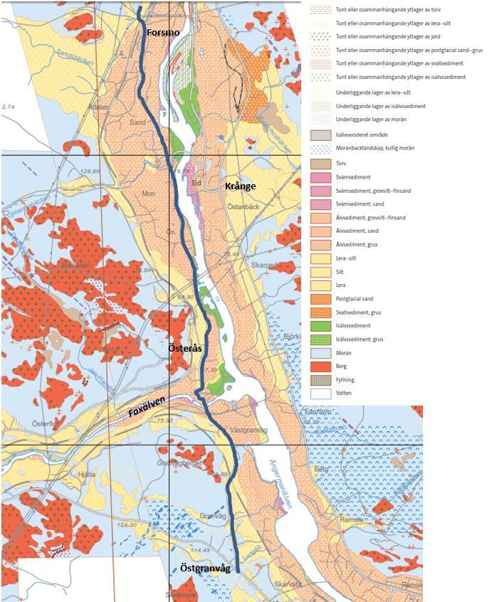 Bild 23. Jordartskarta (Källa: SGU) Längs väg 953 förekommer avsnitt med potentiell risk för ras, skred och erosion, sk. robustpunkter.