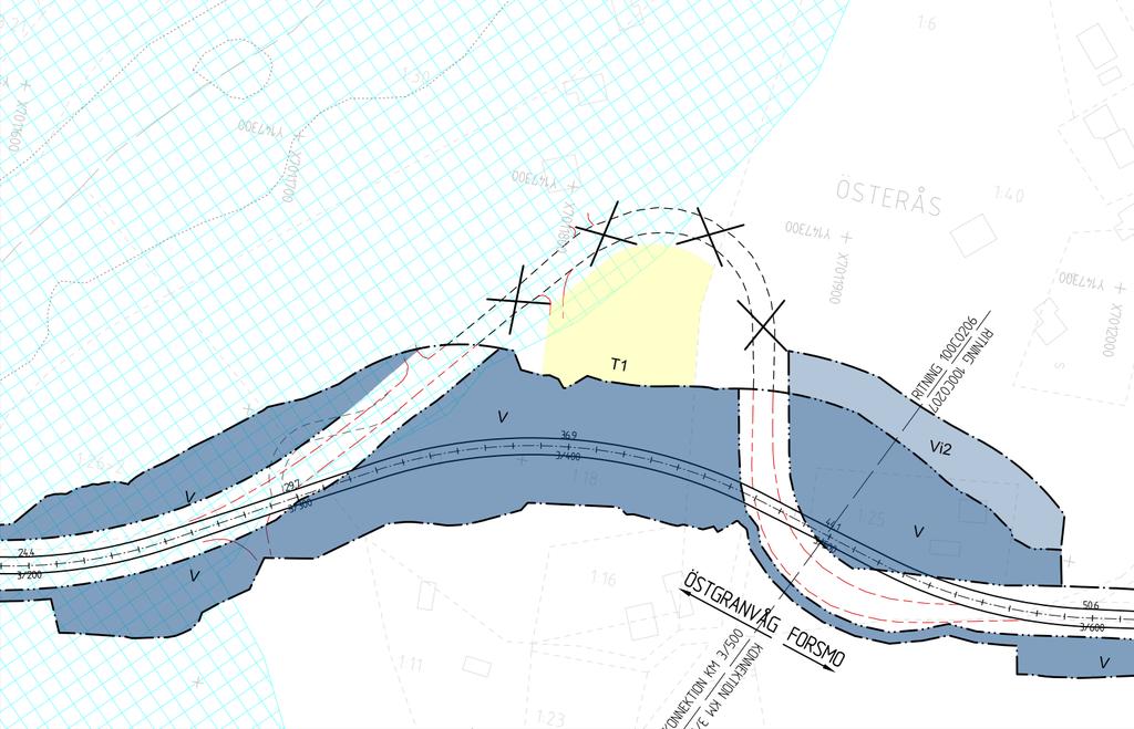 Ägo-/enskildväg anordnas av delar av befintlig väg 953 Bild 26. Anslutningar vid kurvrätning Norr Faxälven. I Sandmon påverkas ej några anslutningar av planerad kurvrätning. 5.2.3. Ledningar Delar av befintliga ledningsanläggningar kan komma att påverkas av vägåtgärderna.