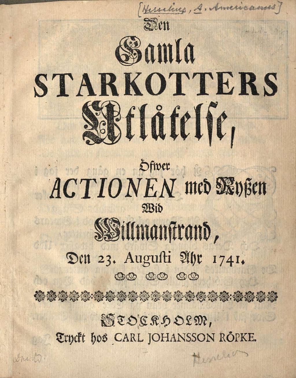 'Den Oanila 8I^^«Ii0^^Ii8 Mätclsc, Ofwer Wid Wllmnstmnd, mcd Wyftn Den 23. Nhr 1741. WO) (KO?