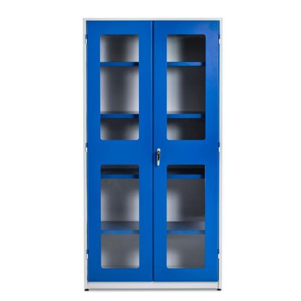 Högt verktygsskåp med plexiglasdörrar Högt verktygsskåp med plexiglasdörrar och L-handtag alternativt med kodlås. BxDxH 1020x540x2000 mm. Robust konstruktion med 3-punktslåsning.