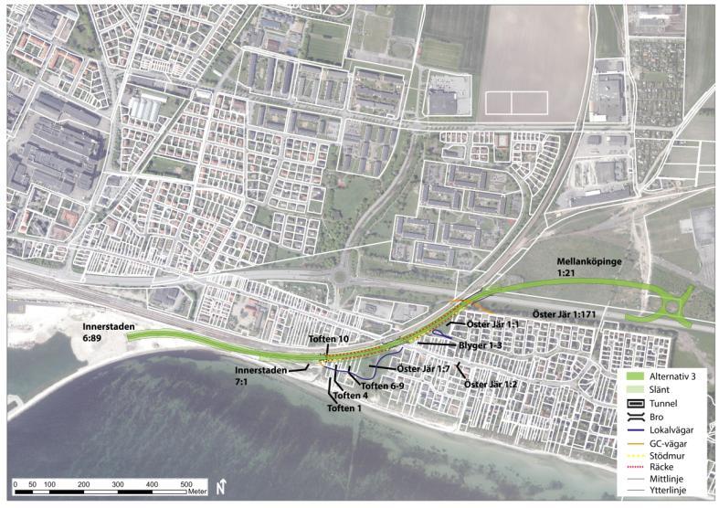 Alternativ 3 STYRKOR Separerad, tydlig och säker Inget intrång i verksamhet/industri Begränsat intrång i naturmiljö, rekreativa värden och