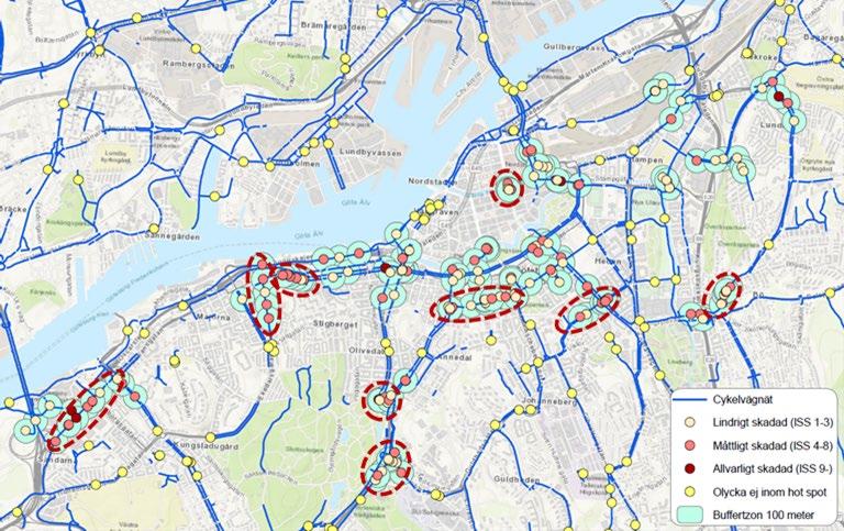 OLYCKS- OCH PLATSANALYS Cykelsingelolyckor i fem städer analyserades, sk hotspots med många olyckor analyserades utifrån platsernas egenskaper Händelsebeskrivningarna i STRADA