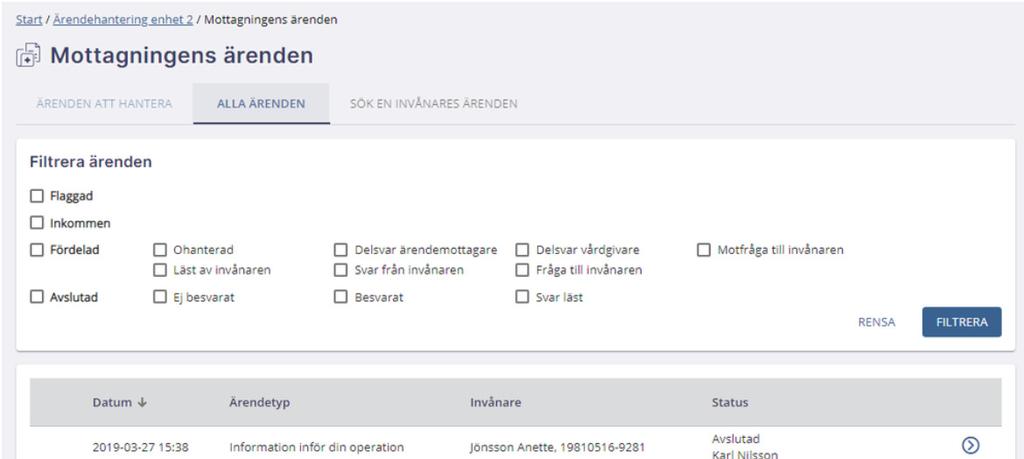 Fliken Alla ärenden visar alla