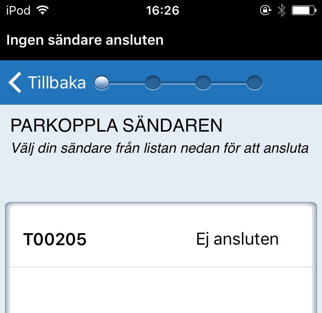 7. På skärmen PARKOPPLA SÄNDAREN kommer det smartsändarserienummer som upptäckts av appen att visas som Ej ansluten. Tryck på Ej ansluten för att starta parkopplingen. 9.