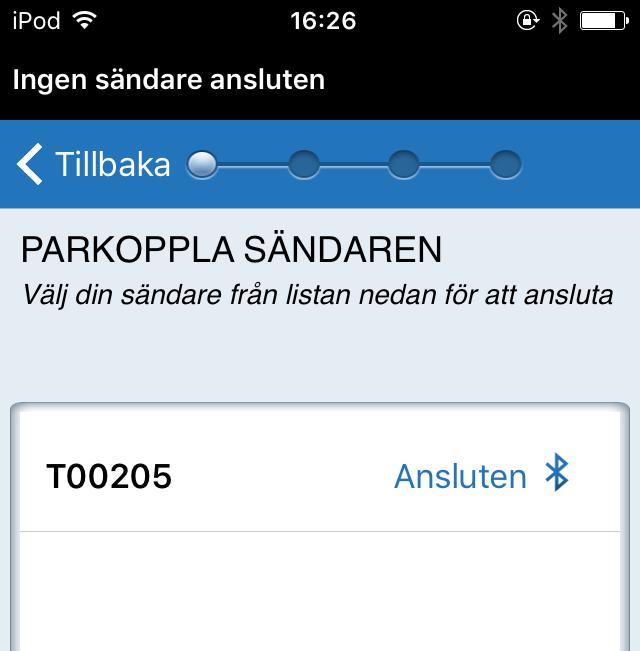 Smartsändaren kommer att vibrera med jämna mellanrum tills den har länkats med den insatta sensorn. Tryck på Nästa. 8. Popup-skärmen Bluetoothparkopplingsförfrågan visas.