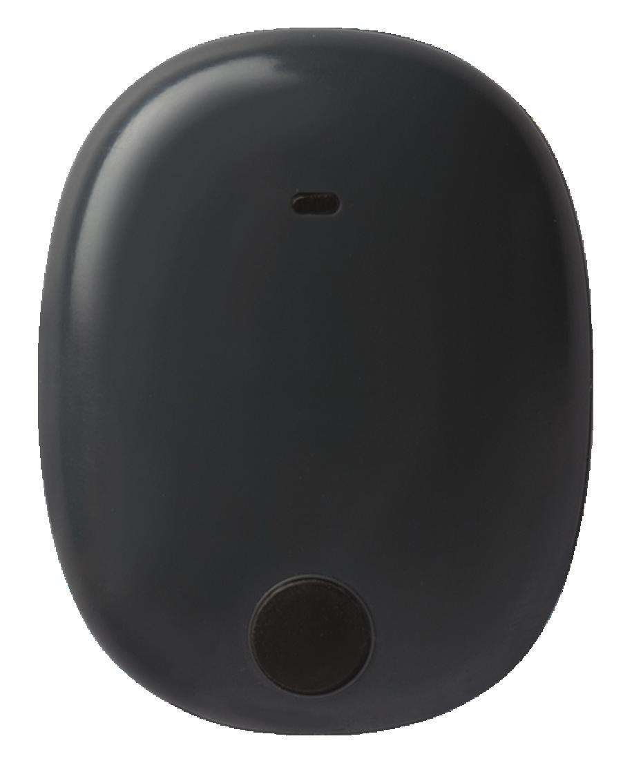Eversense XL smartsändare LED-indikator (lyser grönt eller orange) Strömknapp Framsidan Baksidan Laddningskontaktstift Den laddningsbara smartsändaren driver sensorn, beräknar glukosvärden och lagrar