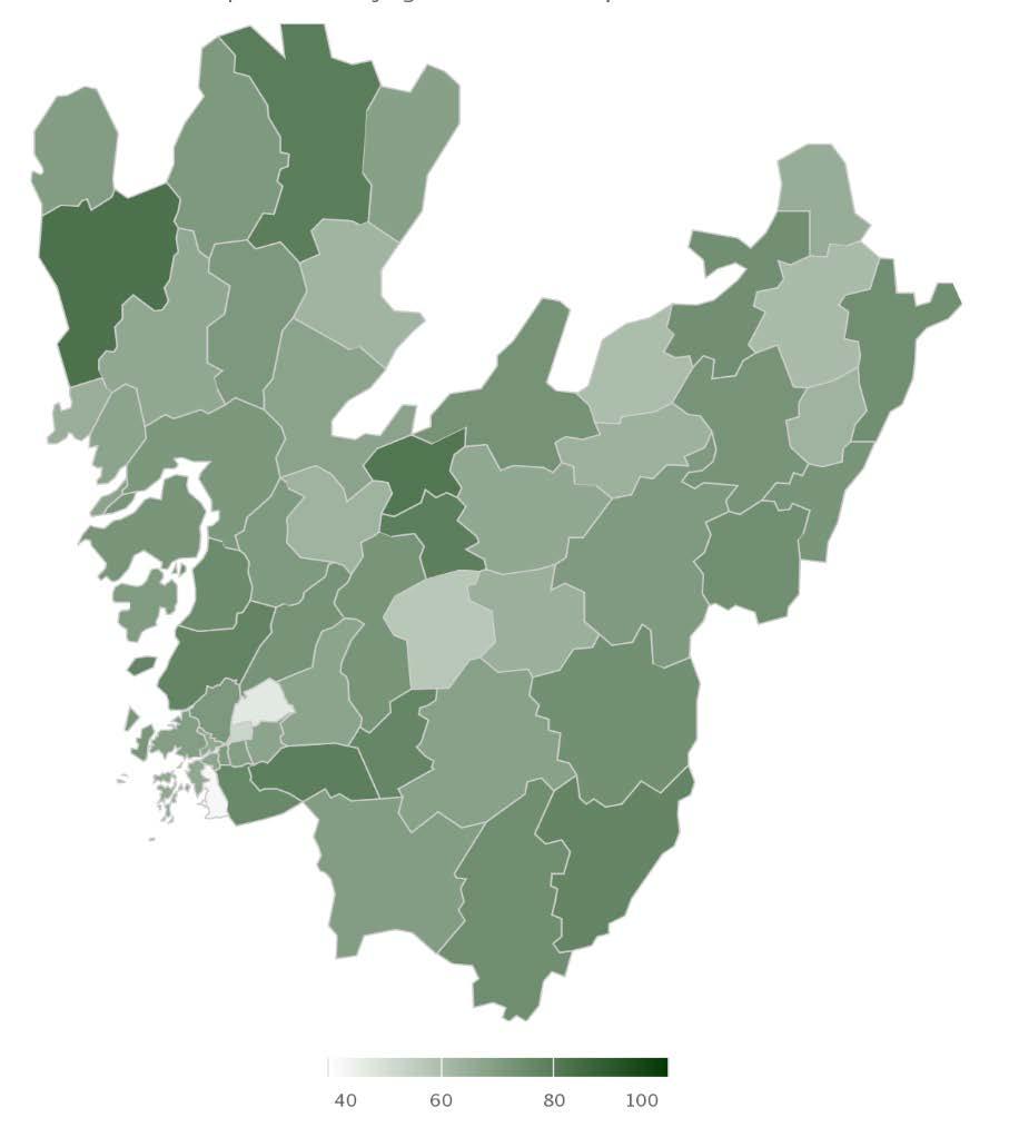 Tandvård andel kariesfria 12-åringar per kommun (%) Avser år 2014-2015 Betydande