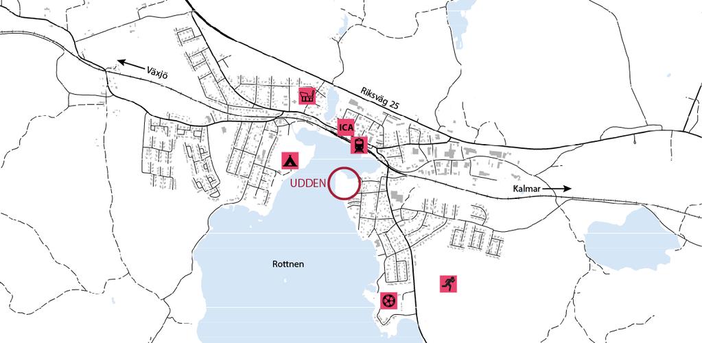 Platsens förutsättningar Udden ligger i Östra delarna av Hovmantorp precis intill sjön Rottnen.