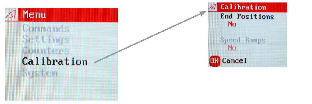 10 Calibration (Kalibrering) Menyn Calibration (Kalibrering), valet End positions (Ändlägen) fyller en funktion endast om bommen är utrustad med en analog sensor för bomarmsavkänning.