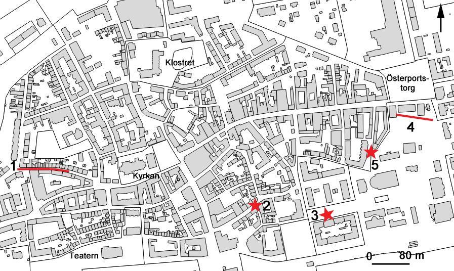 Figur 3. Den centrala delen av Ystad med ledningsschakten som schaktningsövervakades rödmarkerade. 1. Lilla Västergatan. 2. Tullgatan och Paulsgränd. 3. Bollhusgatan. 4. Kv. Birger Östra. 5.