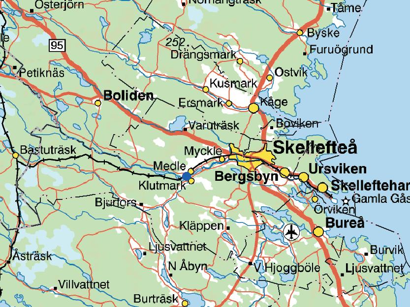 Orienteringskarta. Undersökningsområdet vid Kniken, Medle, är markerat med en blå punkt på nedanstående karta.