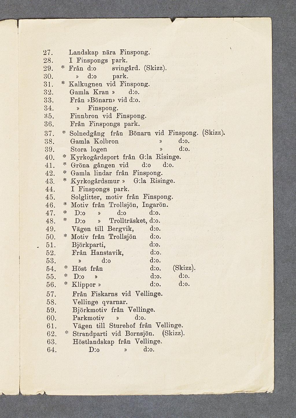 27. L andskap n ä ra F inspong. 28. I F in sp o n g s p ark. 29. * F rå n svin g ård. (Skizz). 80. park. 31. * K a lk u g n e n vid F inspong. 32. G am la K ra n. 33. F rå n Bönarn vid. 34.