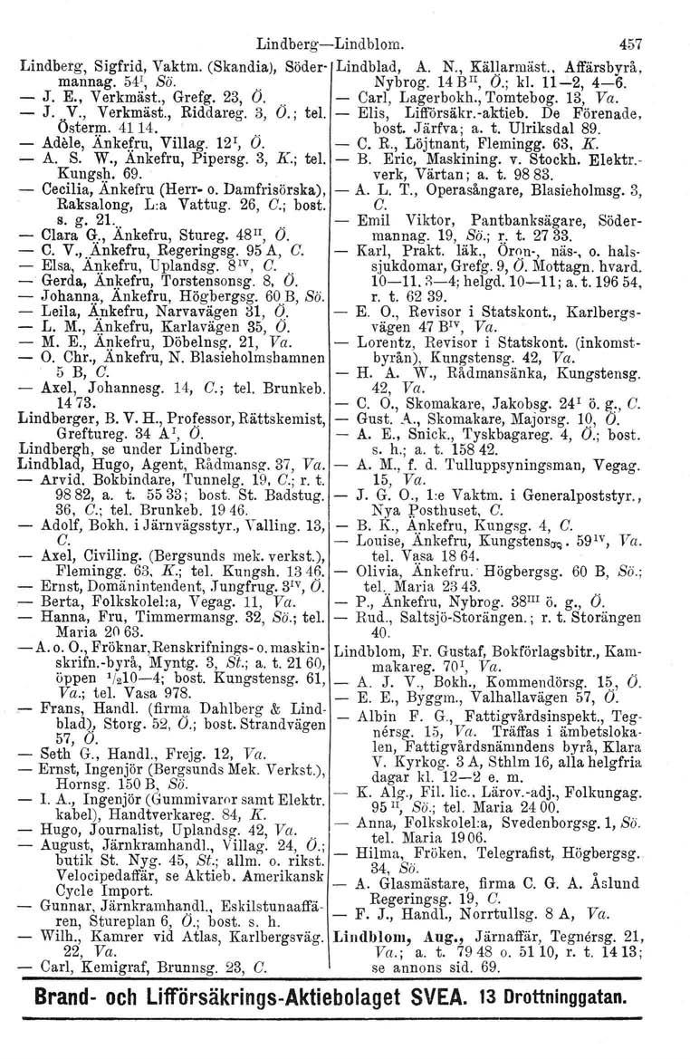 Lindberg--Lindblom. 457 Lindberg, Sigfrid, Vaktm. (Skandia), Söder- Lindblad, A. N., Källarrnäst., Affärsbyrå. mannag. 54!, So.. Nybrog. 14 BIl, O.; kl. 11-2, 4-6. - J. E., Verkmäst., Grefg.